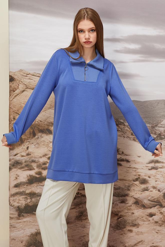 Vêtements hijab BLEU TUNIQUE DE SURVÊTEMENT À COL FERMÉ 45287 - ALVİNA