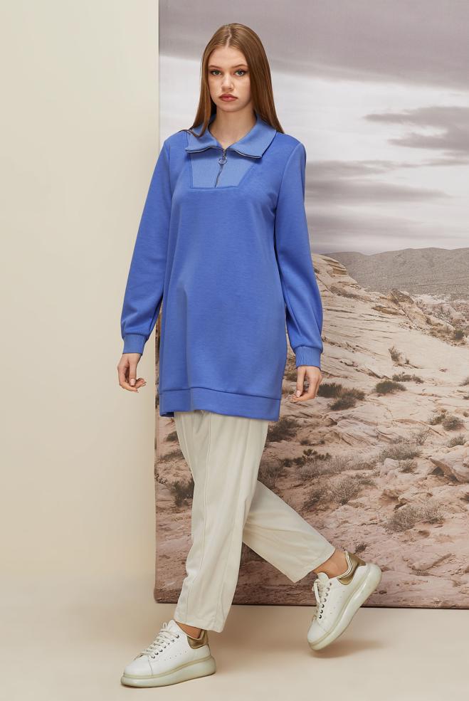 Vêtements hijab BLEU TUNIQUE DE SURVÊTEMENT À COL FERMÉ 45287 - ALVİNA