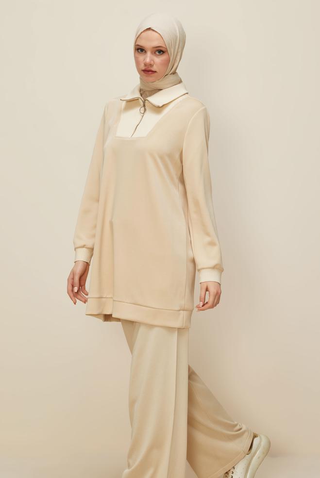 Vêtements hijab BEIGE TUNIQUE DE SURVÊTEMENT À COL FERMÉ 45287 - ALVİNA