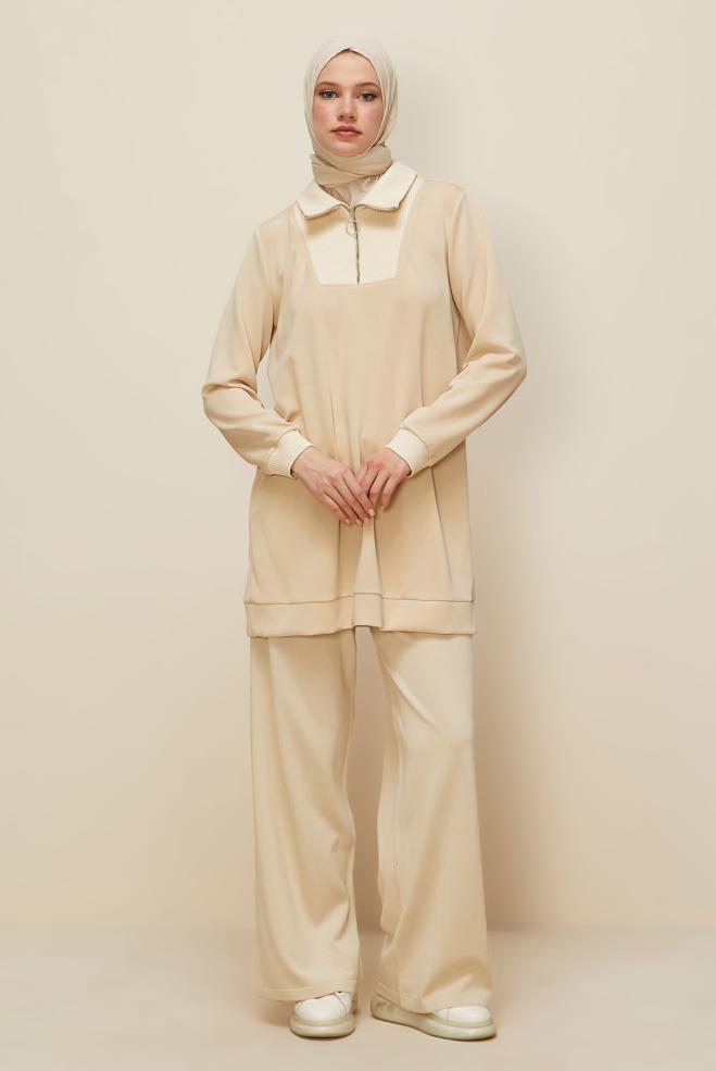 Vêtements hijab BEIGE TUNIQUE DE SURVÊTEMENT À COL FERMÉ 45287 - ALVİNA