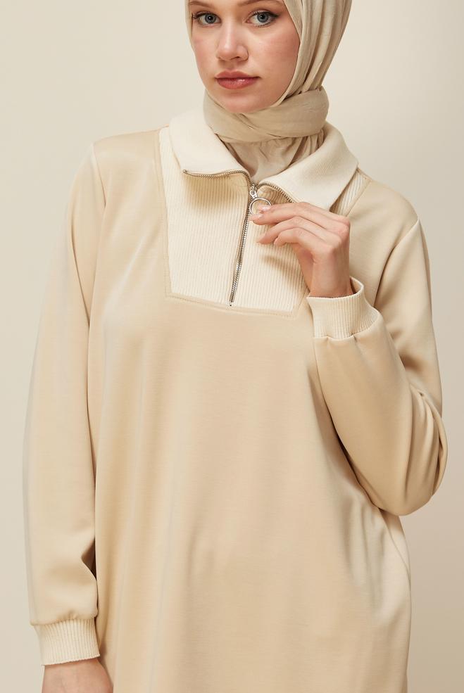 Vêtements hijab BEIGE TUNIQUE DE SURVÊTEMENT À COL FERMÉ 45287 - ALVİNA