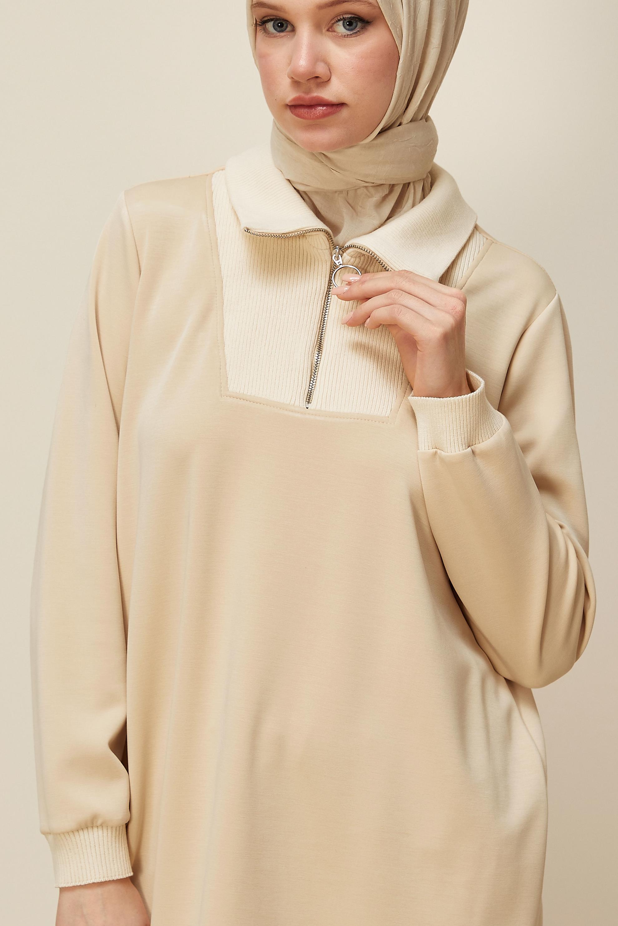 Hijab clothing BEIGE ZIPPERED COLLAR TRACKSUIT TUNIC 45287