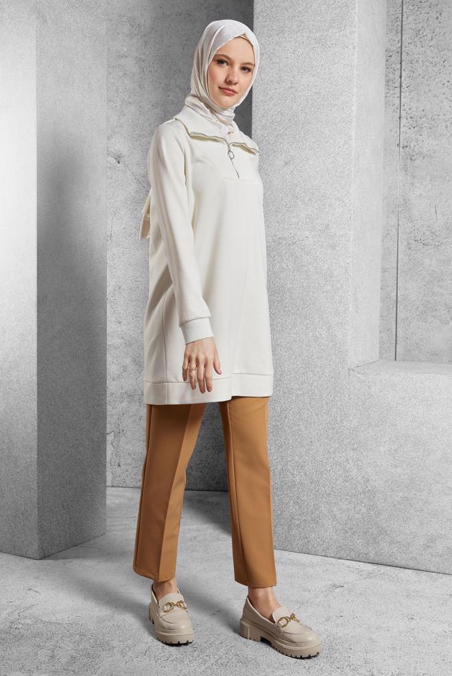 Vêtements hijab ÉCRUE TUNIQUE DE SURVÊTEMENT À COL FERMÉ 45287 - ALVİNA