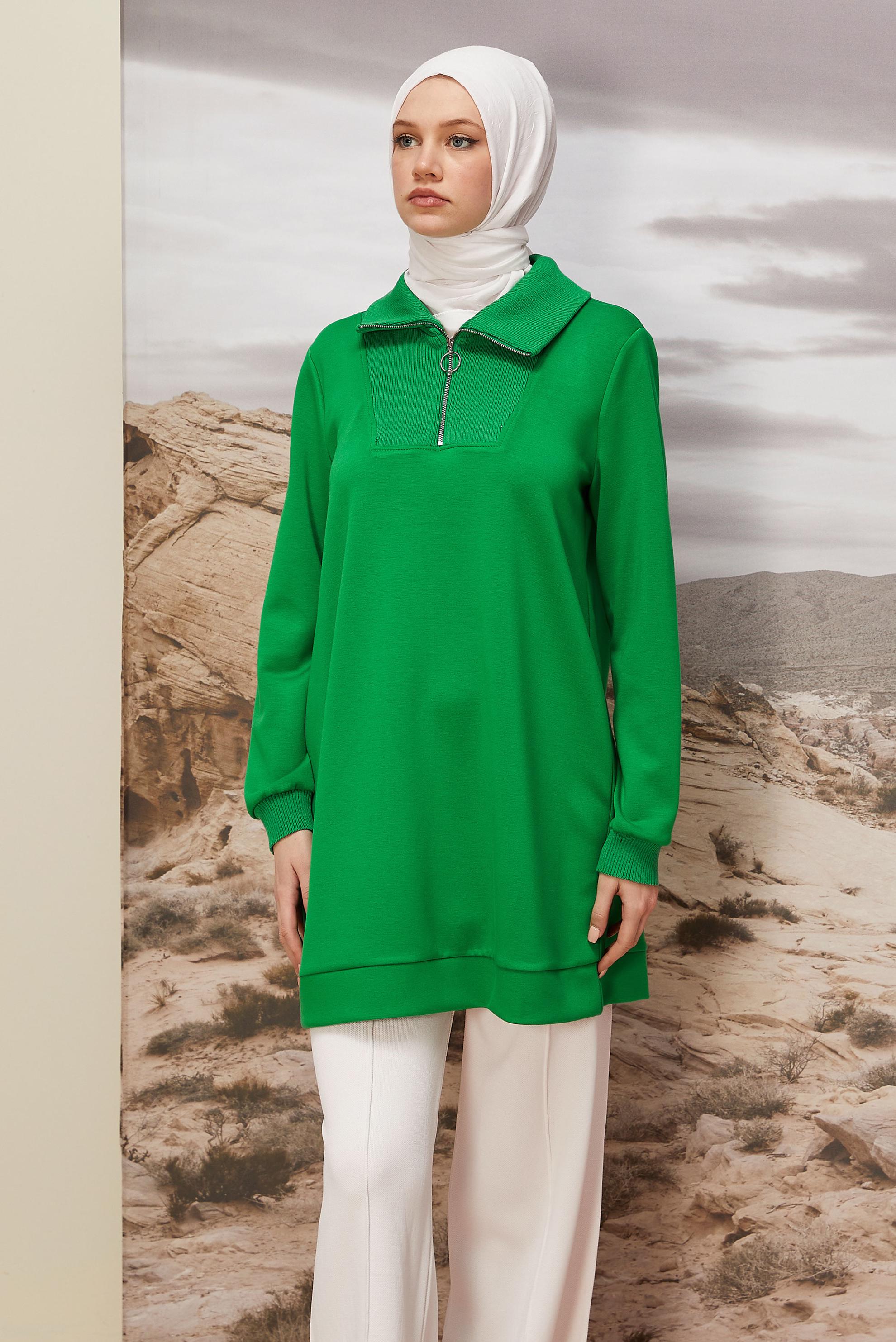 Hijab clothing GREEN ZIPPERED COLLAR TRACKSUIT TUNIC 45287