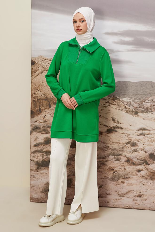 Vêtements hijab VERT TUNIQUE DE SURVÊTEMENT À COL FERMÉ 45287 - ALVİNA