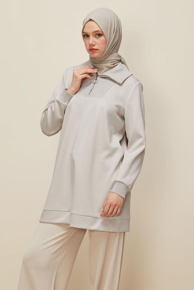 Vêtements hijab BEIGE TUNIQUE DE SURVÊTEMENT À COL FERMÉ 45287 - ALVİNA