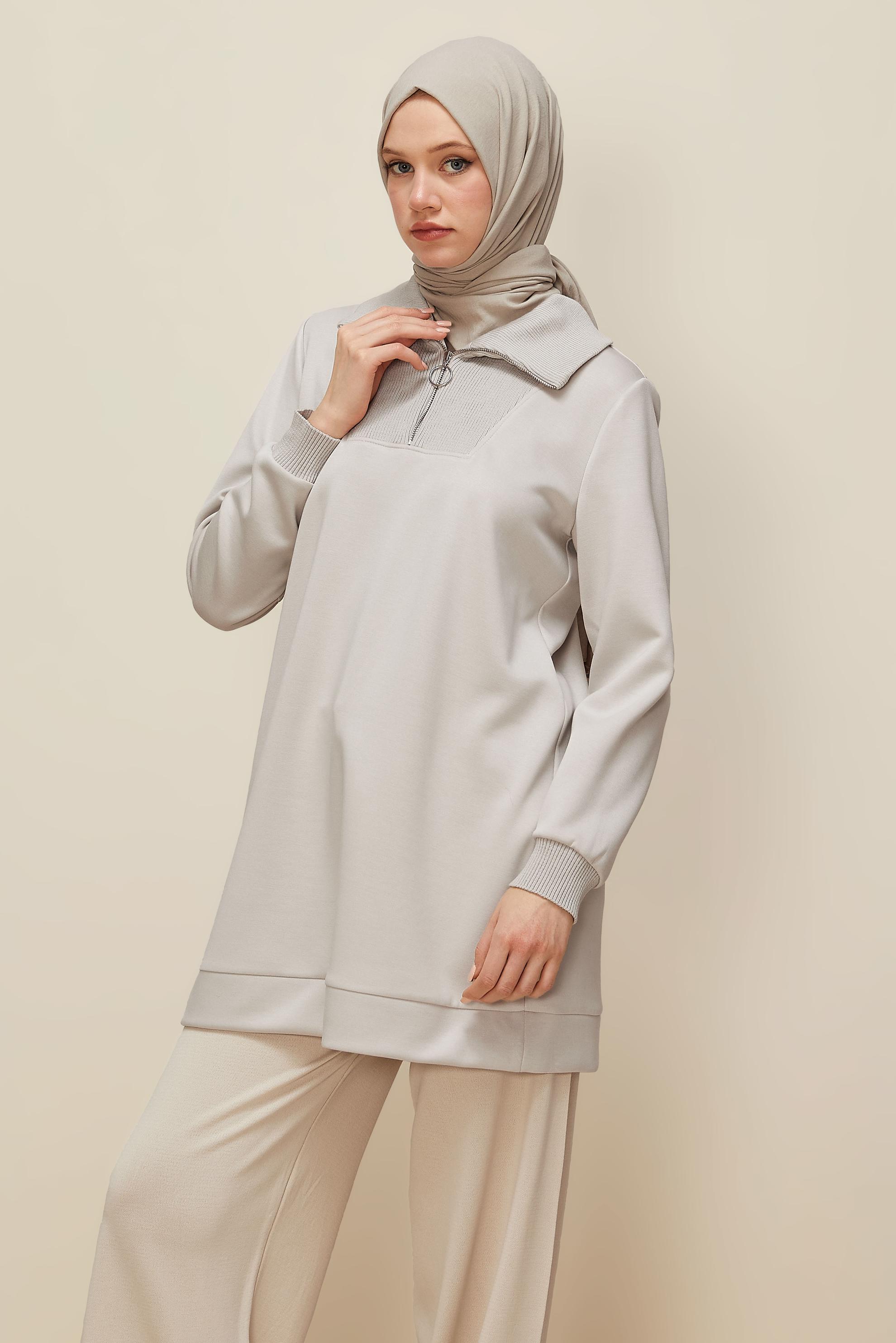 Hijab clothing BEIGE ZIPPERED COLLAR TRACKSUIT TUNIC 45287