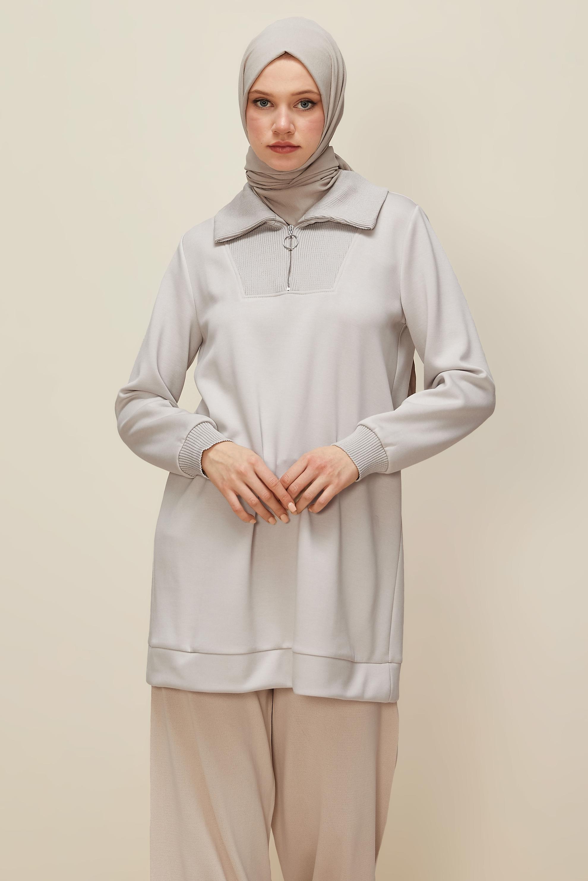 Hijab clothing BEIGE ZIPPERED COLLAR TRACKSUIT TUNIC 45287