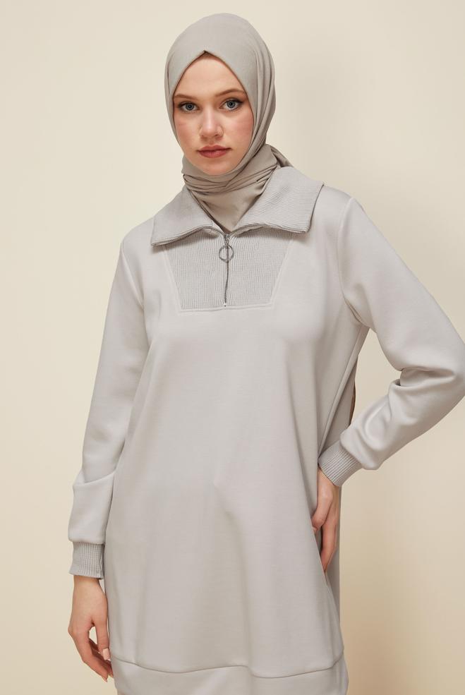 Vêtements hijab BEIGE TUNIQUE DE SURVÊTEMENT À COL FERMÉ 45287 - ALVİNA