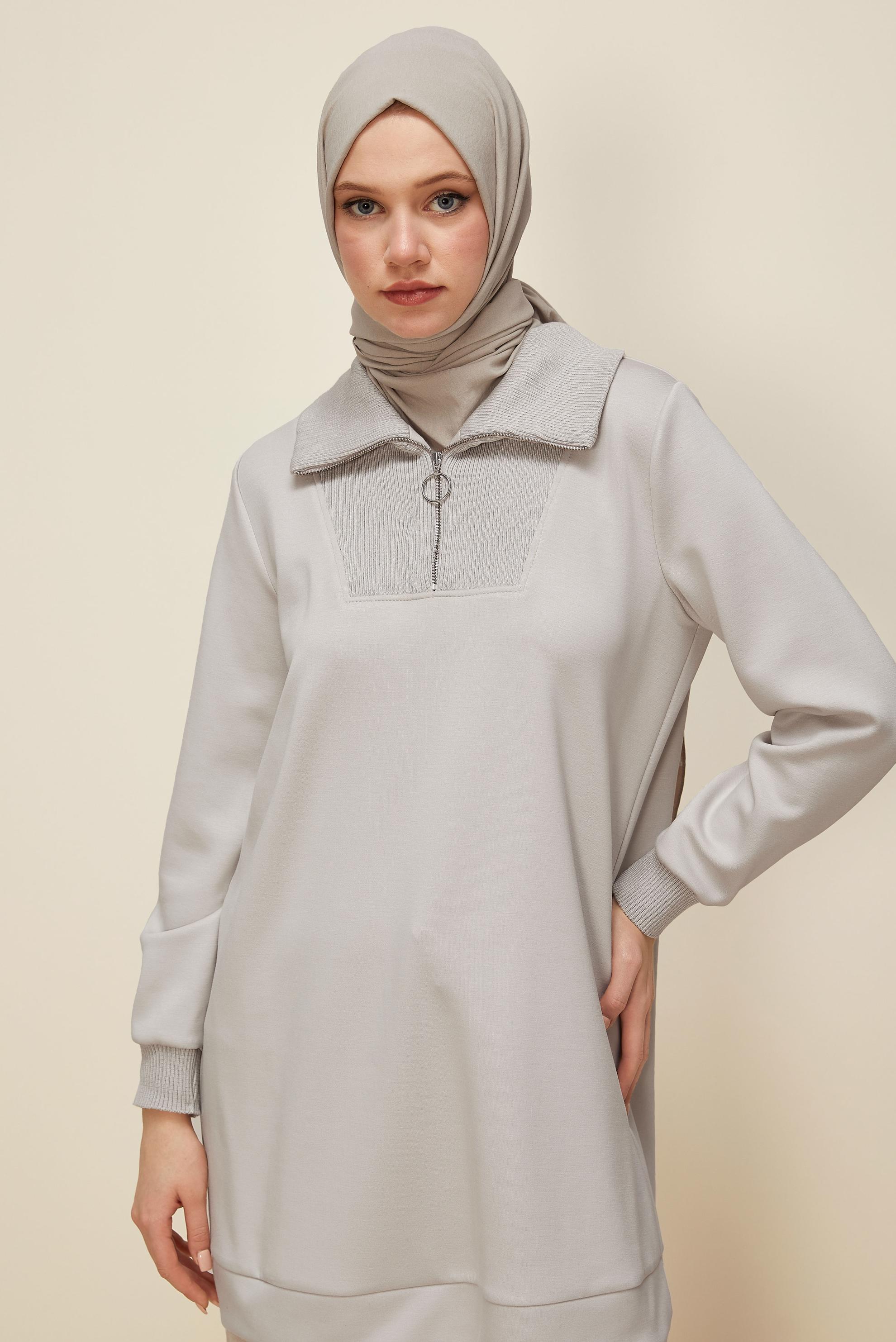 Hijab clothing BEIGE ZIPPERED COLLAR TRACKSUIT TUNIC 45287