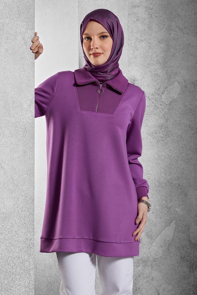 Vêtements hijab POURPRE TUNIQUE DE SURVÊTEMENT À COL FERMÉ 45287 - ALVİNA