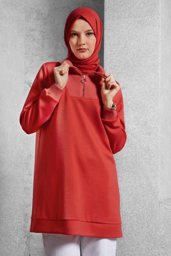 Vêtements hijab ROUGE TUNIQUE DE SURVÊTEMENT À COL FERMÉ 45287 - ALVİNA