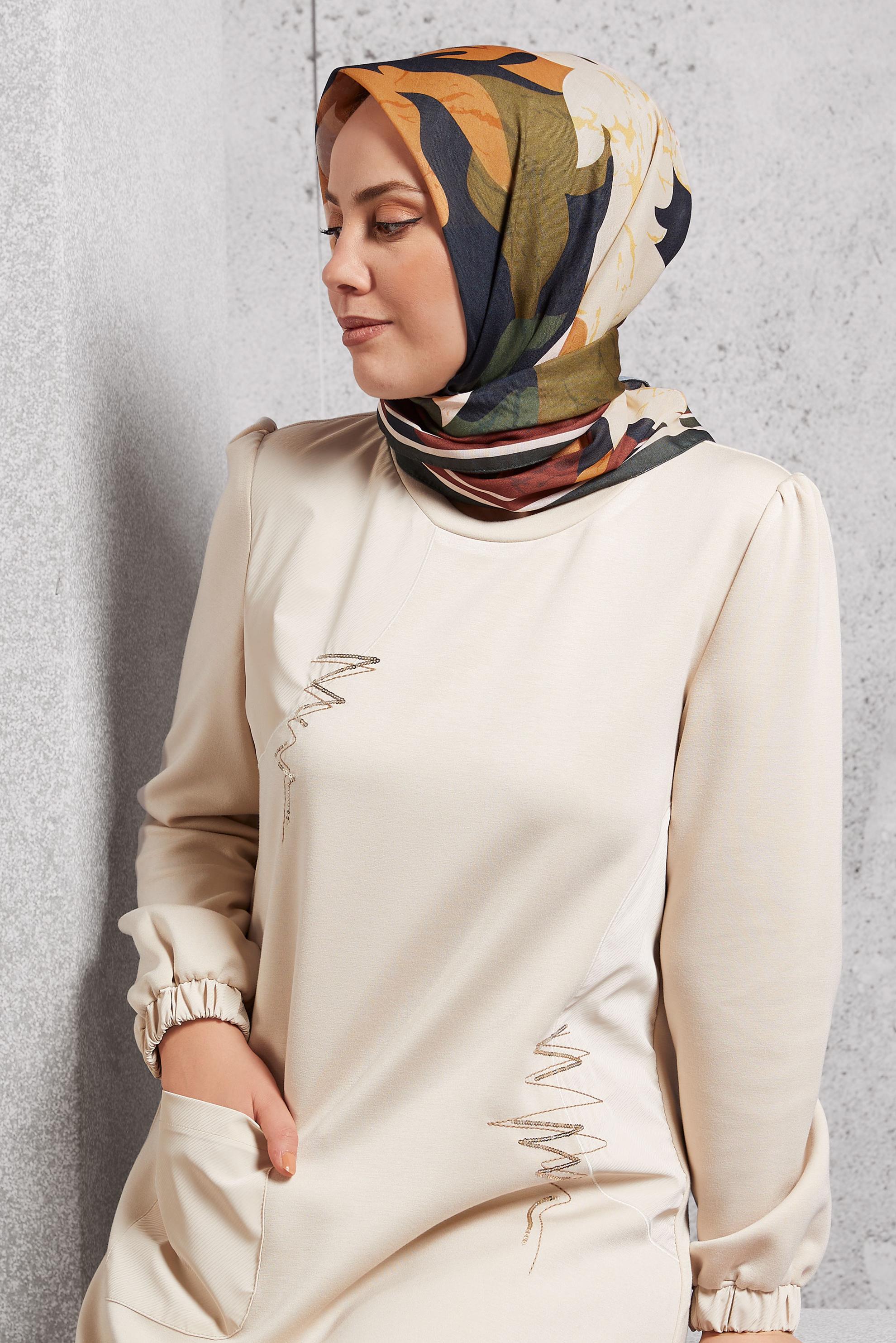 Tesettür giyim KAHVE  ALVİNA DESENLİ EŞARP 8506