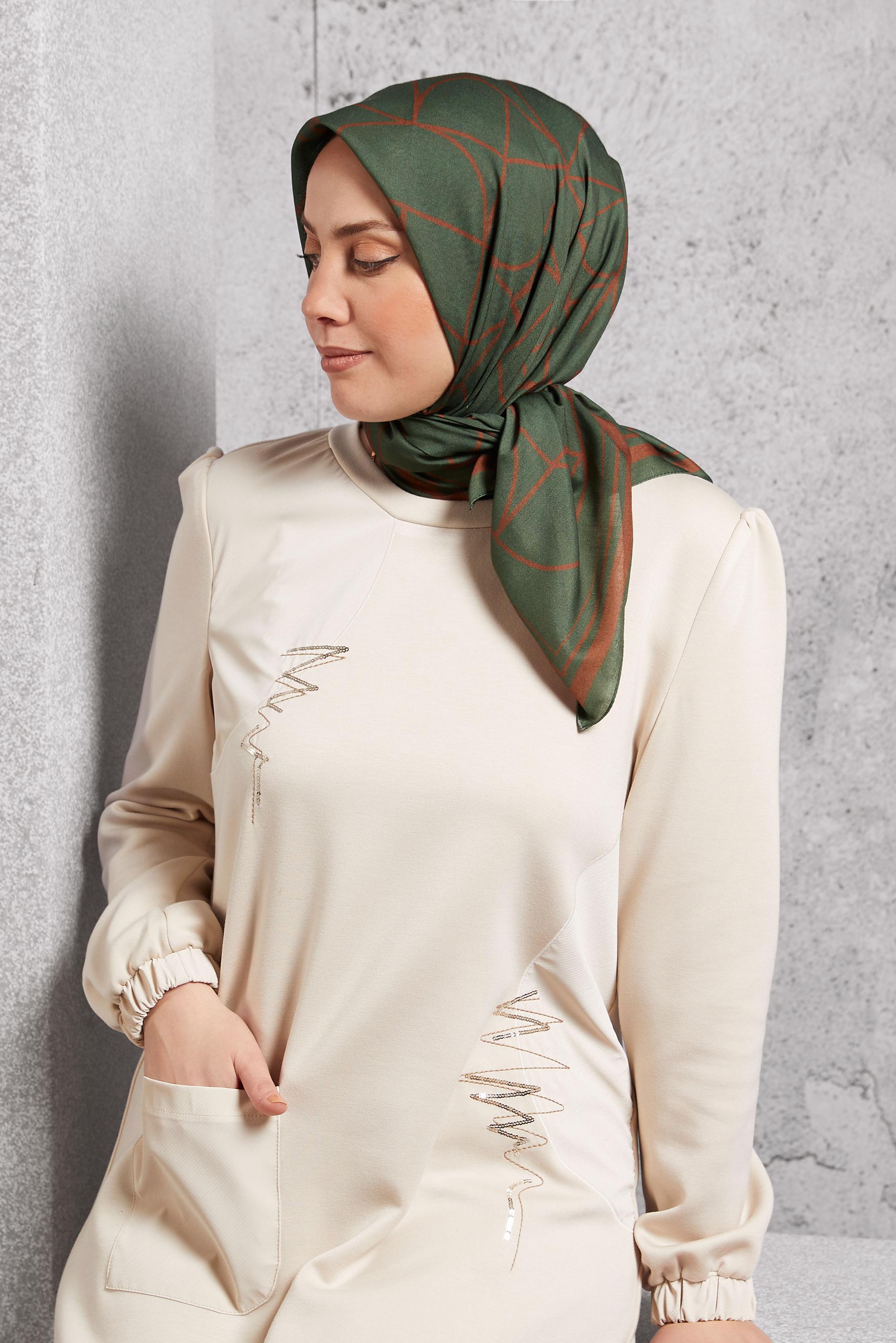 Tesettür giyim HAKİ ALVİNA DESENLİ EŞARP 8507