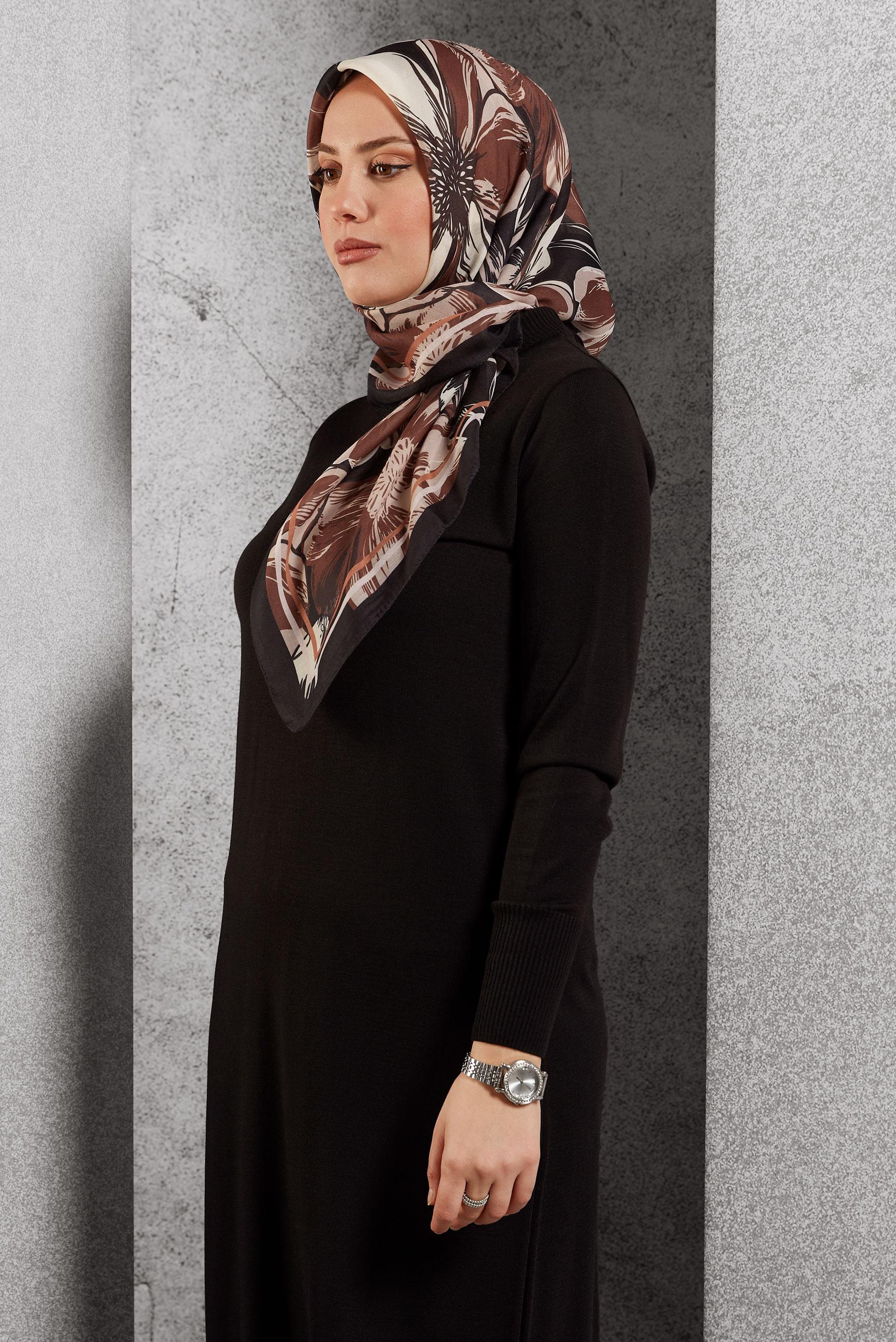 Tesettür giyim KAHVE ALVİNA DESENLİ EŞARP 8517