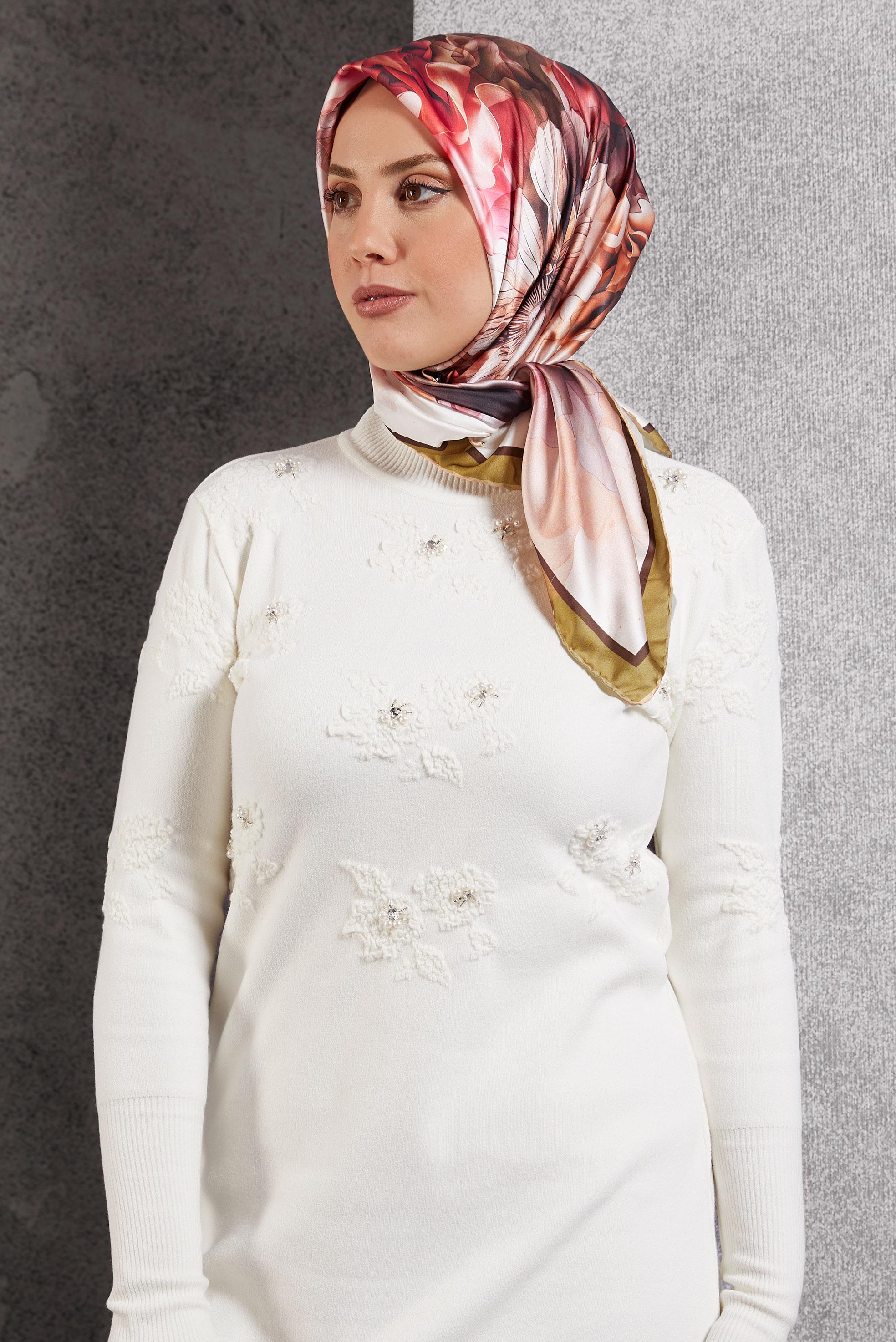 Tesettür giyim KAHVE ALVİNA DESENLİ EŞARP 8519