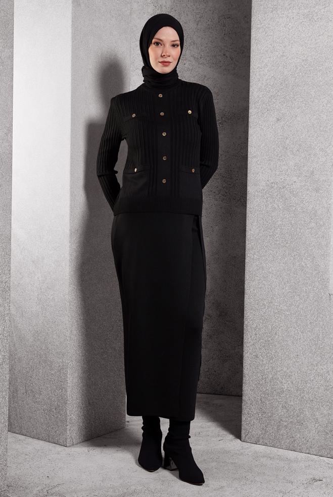 Vêtements hijab NOIR JUPE MODESTE CEINTURÉE 60611 - ALVİNA
