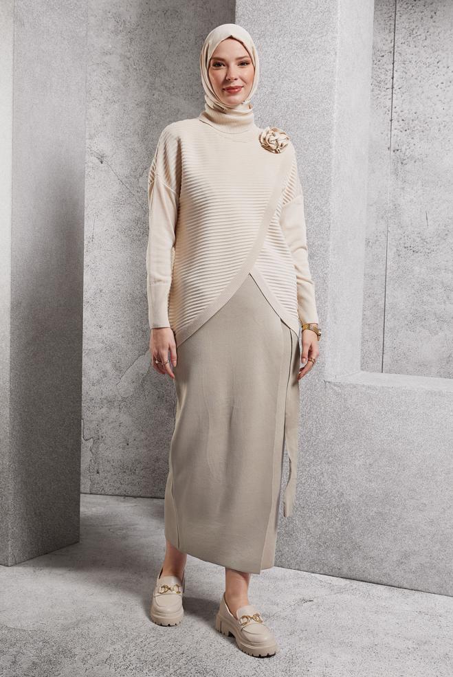 Vêtements hijab BEIGE JUPE MODESTE CEINTURÉE 60611 - ALVİNA