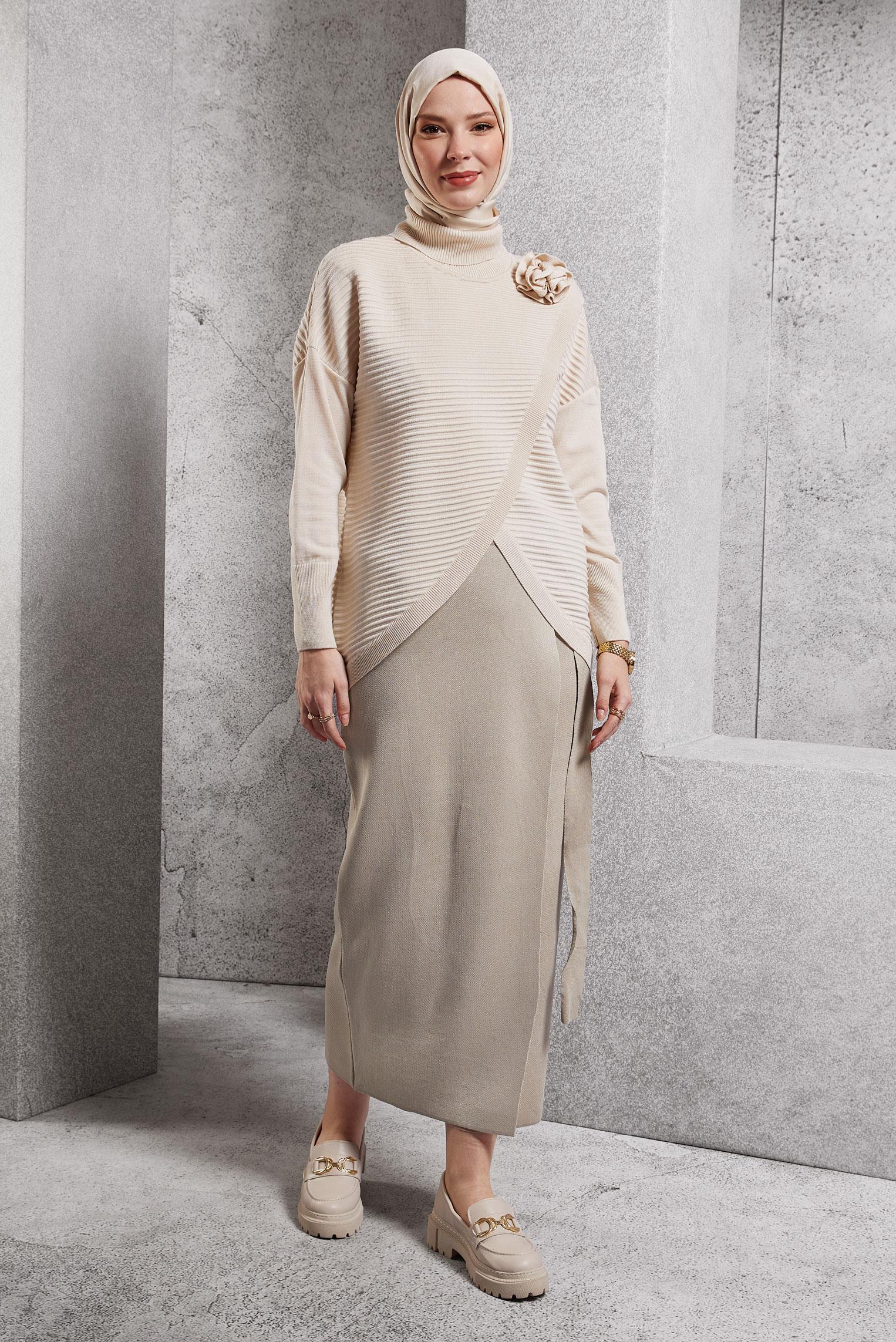 Hijab clothing BEIGE BELTED MODEST SKIRT 60611