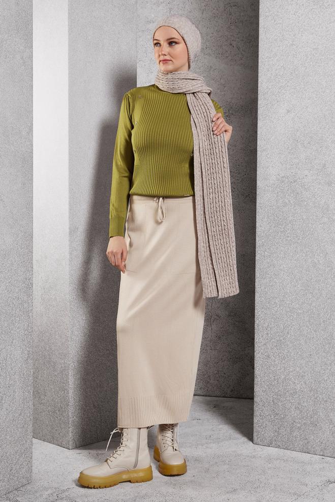 Tesettür giyim BEJ TRİKO ETEK 60612 - ALVİNA