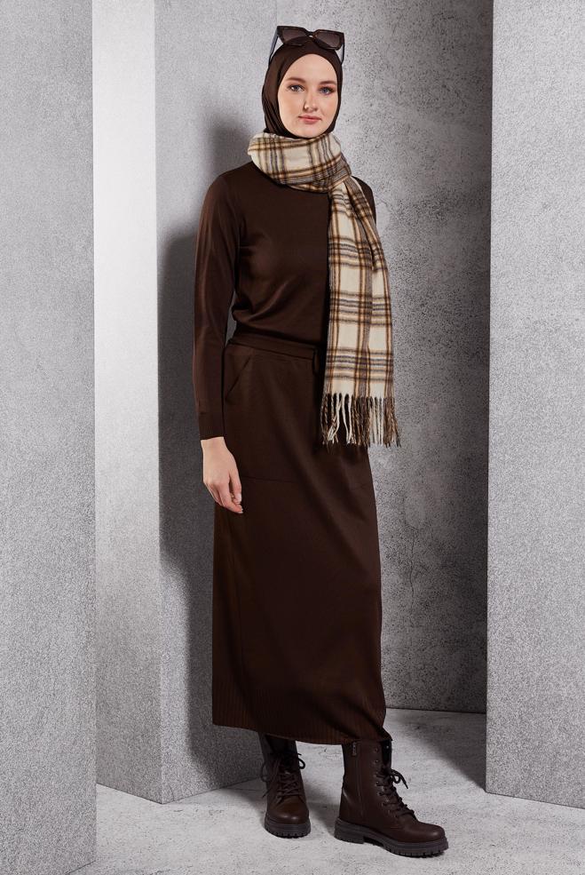 Tesettür giyim KAHVE TRİKO ETEK 60612 - ALVİNA