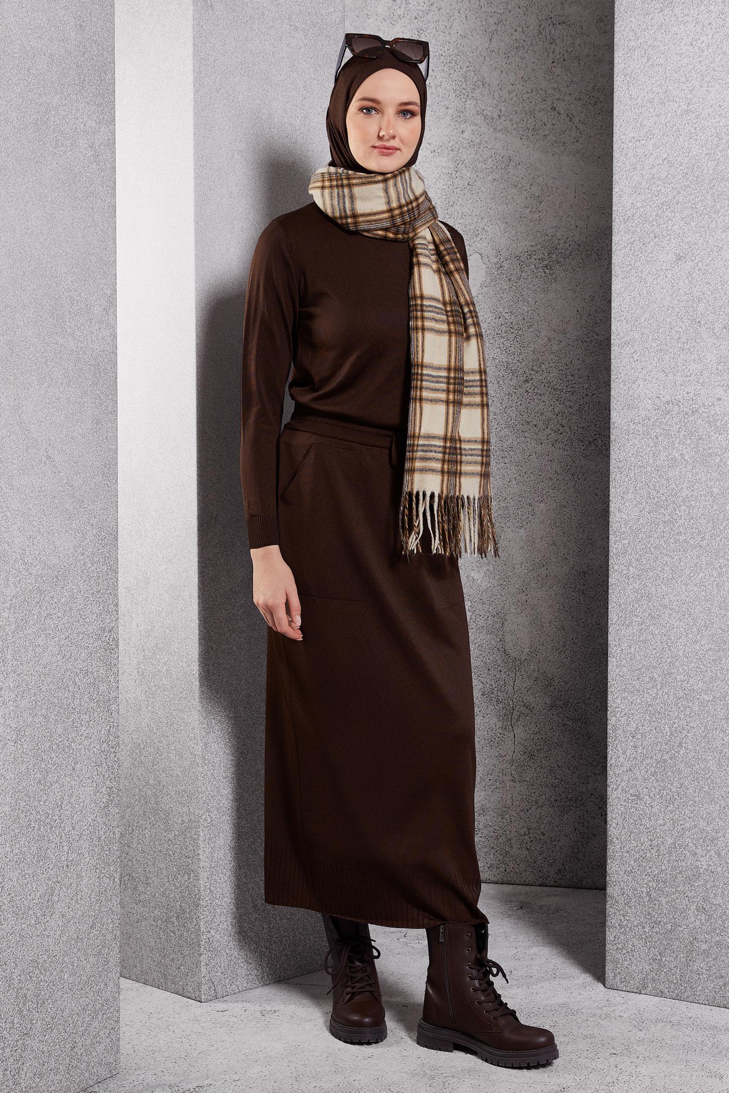 Tesettür giyim KAHVE TRİKO ETEK 60612