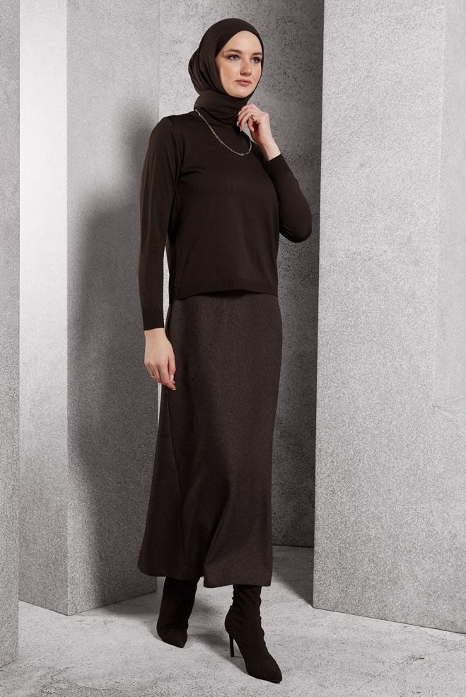 Tesettür giyim KAHVE DÜZ KESİM TESETTÜR ETEK 60614 - ALVİNA