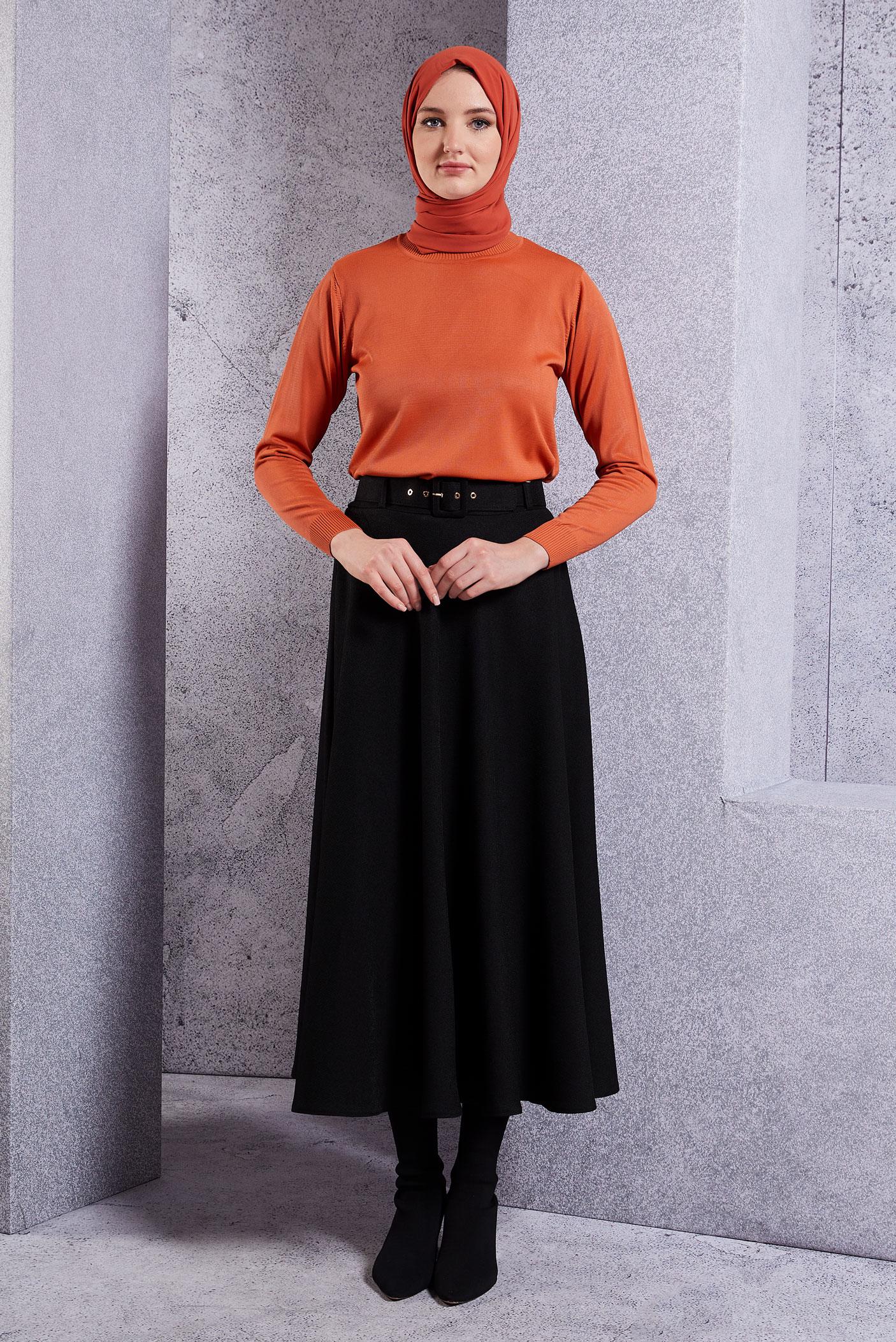 Tesettür giyim SİYAH KEMERLİ ETEK 60616