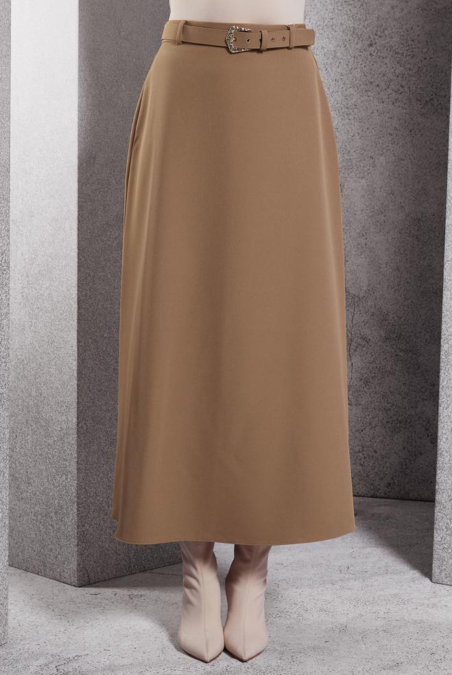 Tesettür giyim BEJ KEMERLİ UZUN ETEK 60617 - ALVİNA