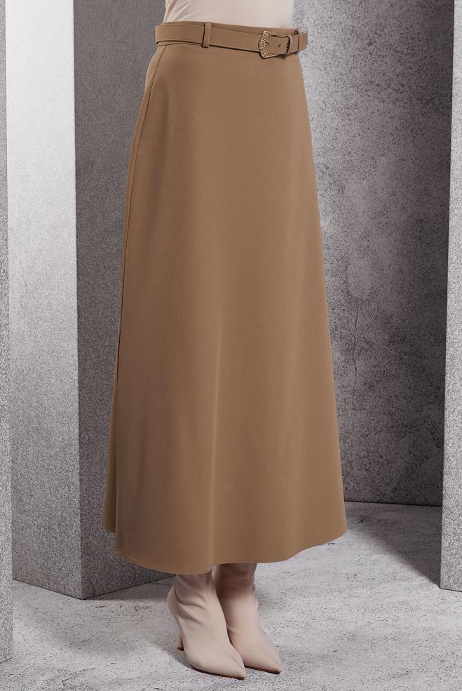 Tesettür giyim BEJ KEMERLİ UZUN ETEK 60617 - ALVİNA