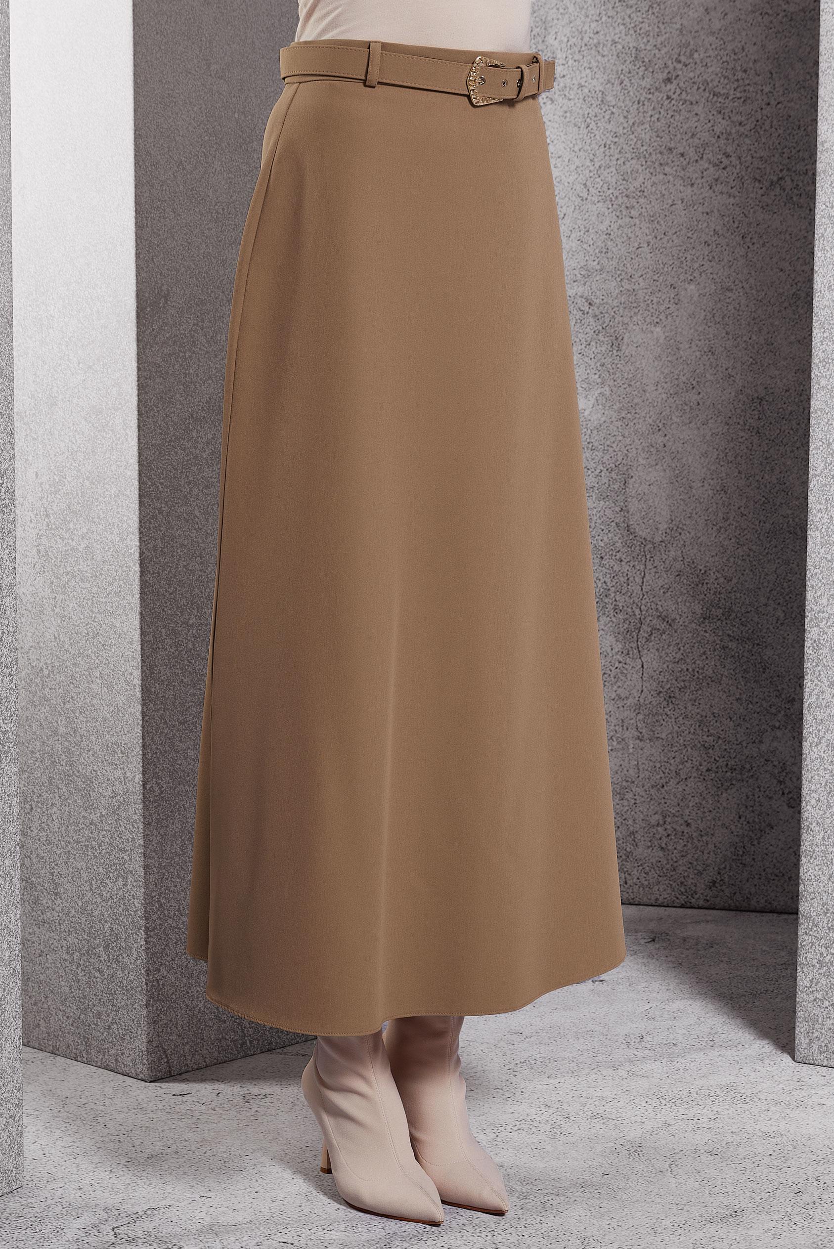 Tesettür giyim BEJ KEMERLİ UZUN ETEK 60617
