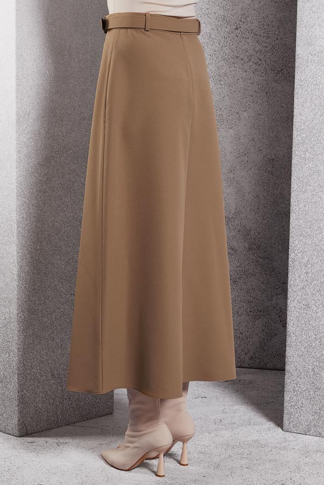 Tesettür giyim BEJ KEMERLİ UZUN ETEK 60617 - ALVİNA