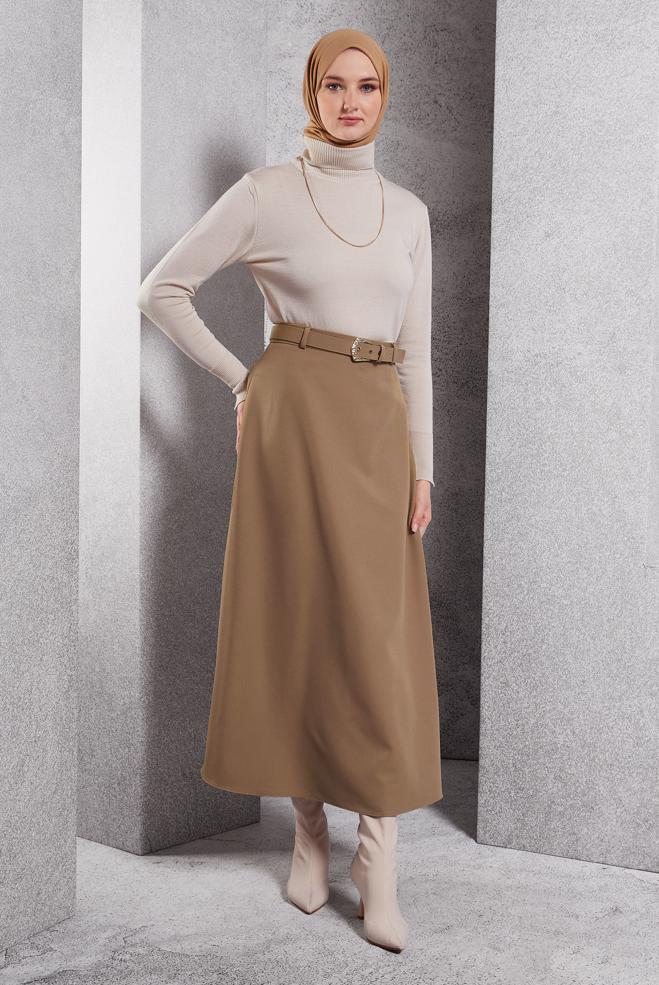 Tesettür giyim BEJ KEMERLİ UZUN ETEK 60617 - ALVİNA