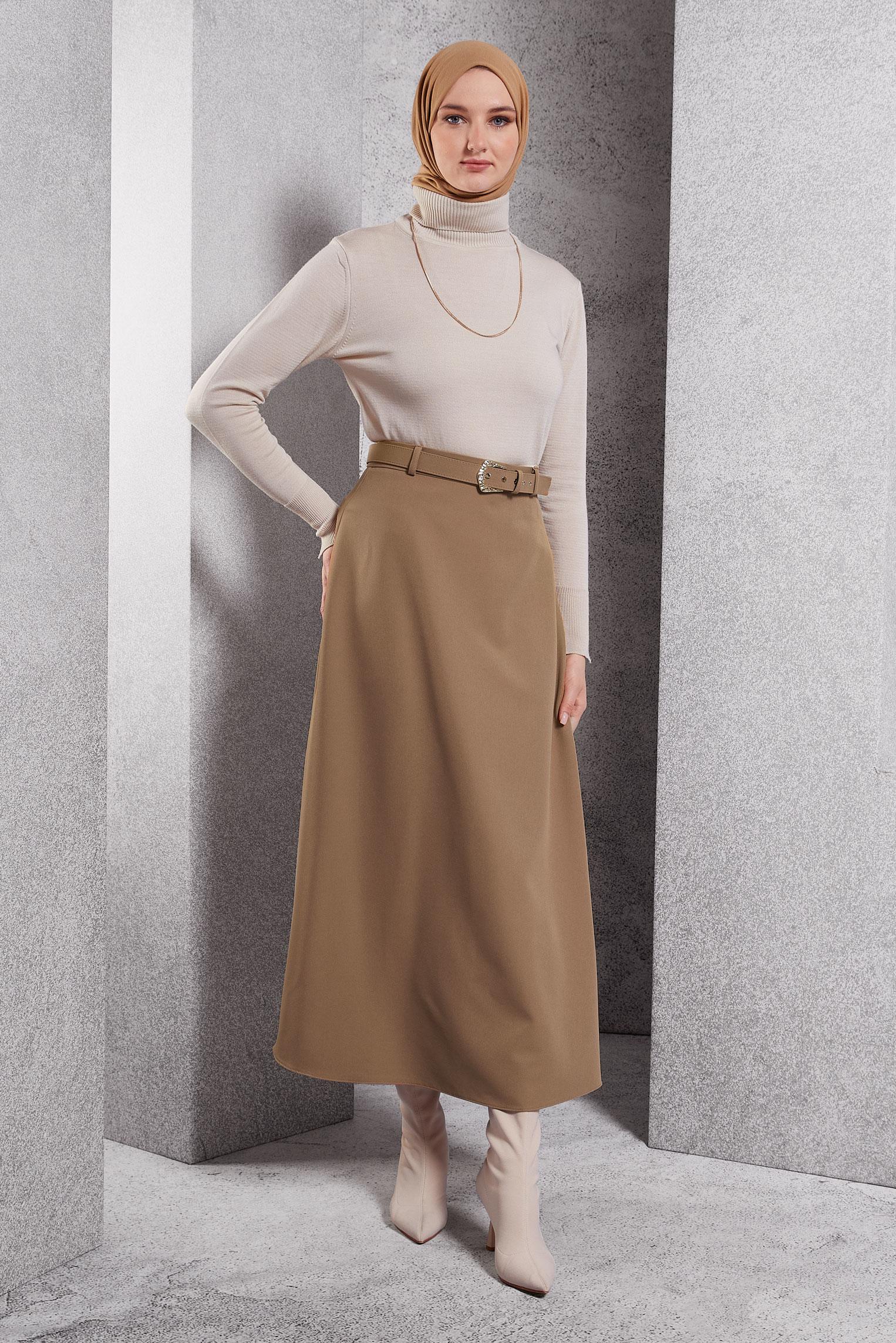 Tesettür giyim BEJ KEMERLİ UZUN ETEK 60617