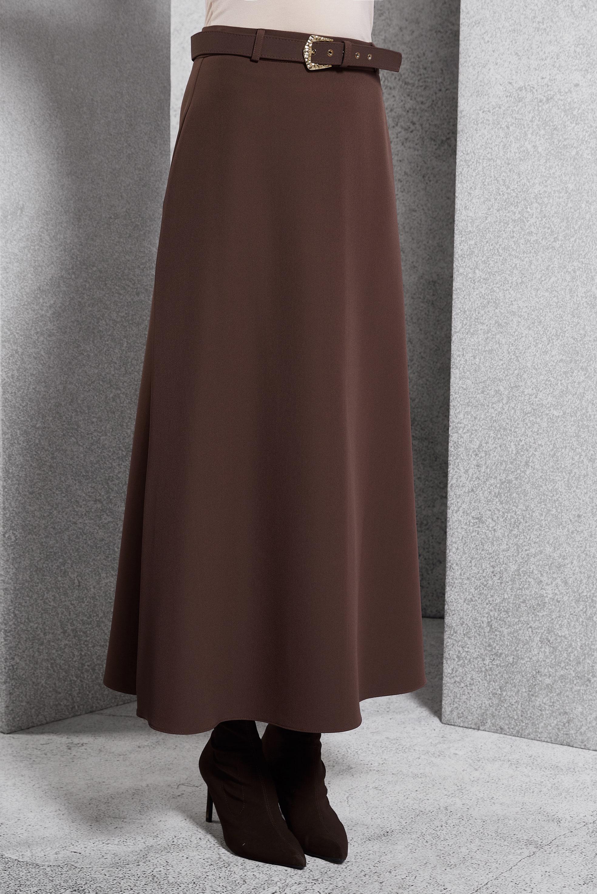 Tesettür giyim KAHVE KEMERLİ UZUN ETEK 60617