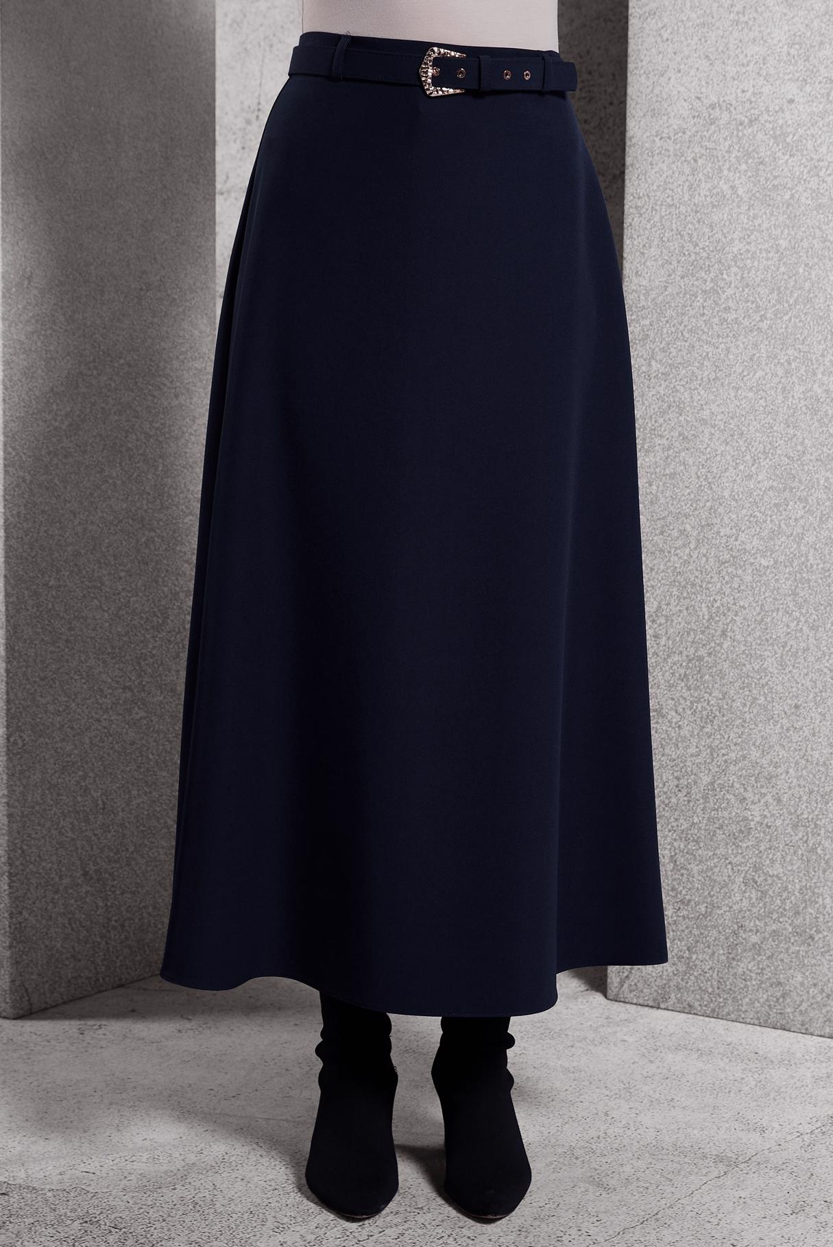 Tesettür giyim LACİVERT KEMERLİ UZUN ETEK 60617