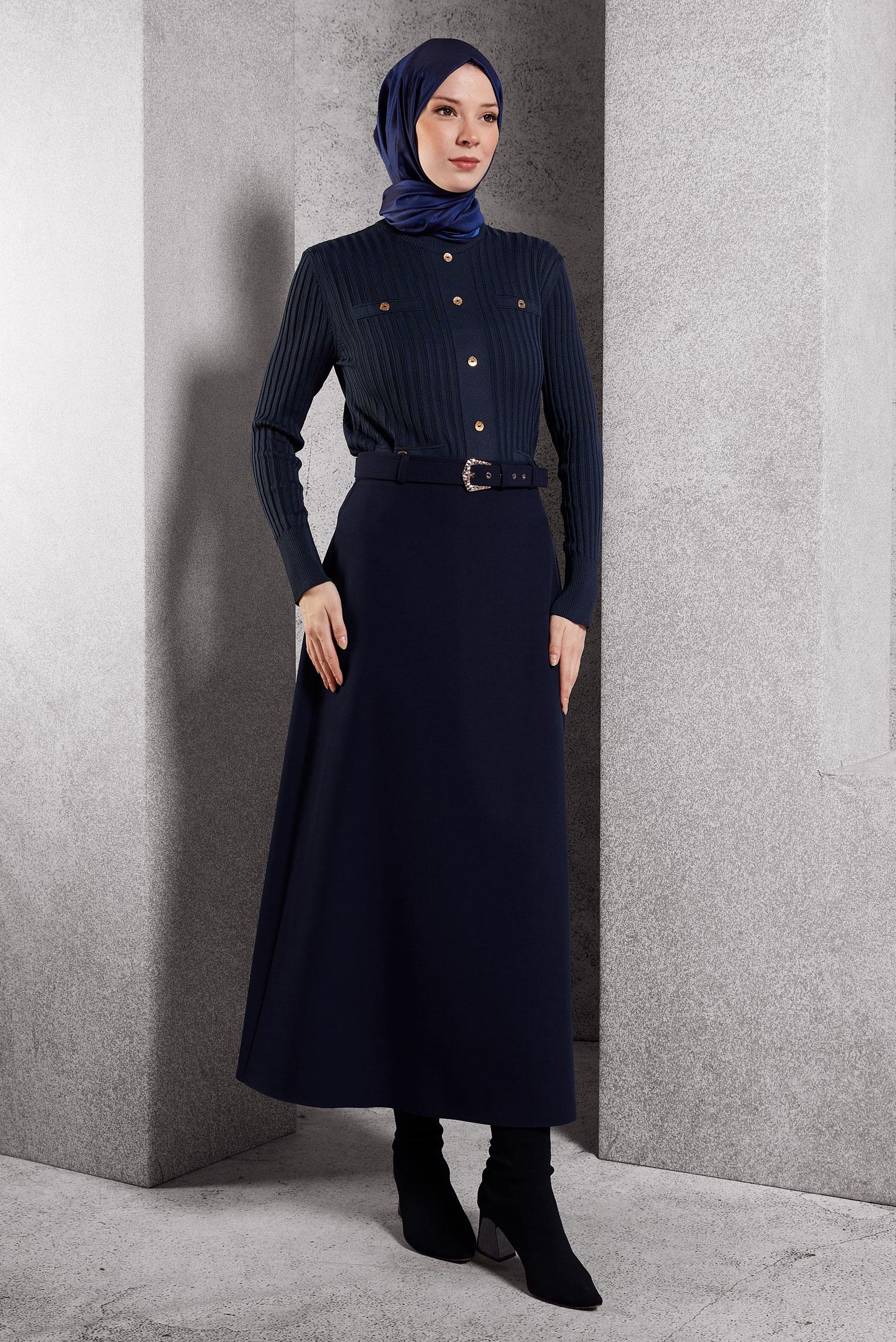Tesettür giyim LACİVERT KEMERLİ UZUN ETEK 60617