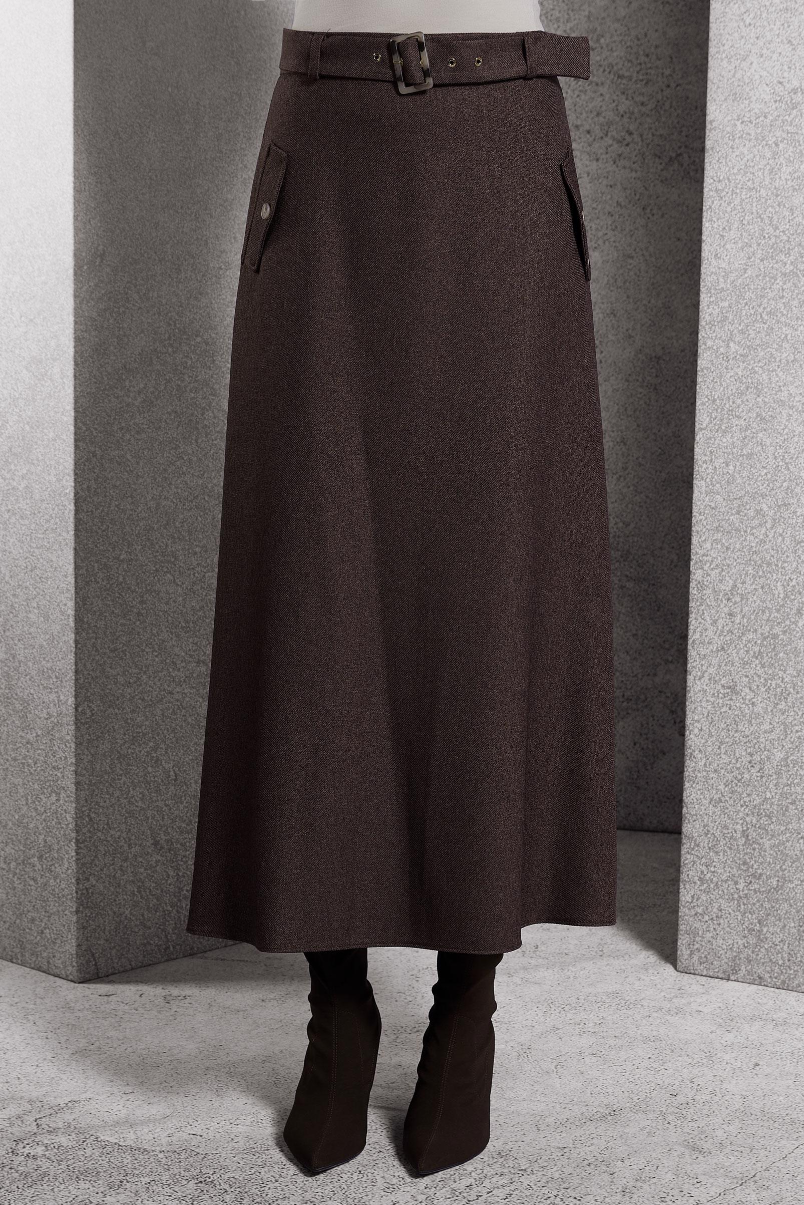 Tesettür giyim KAHVE KEMERLİ ETEK 60618