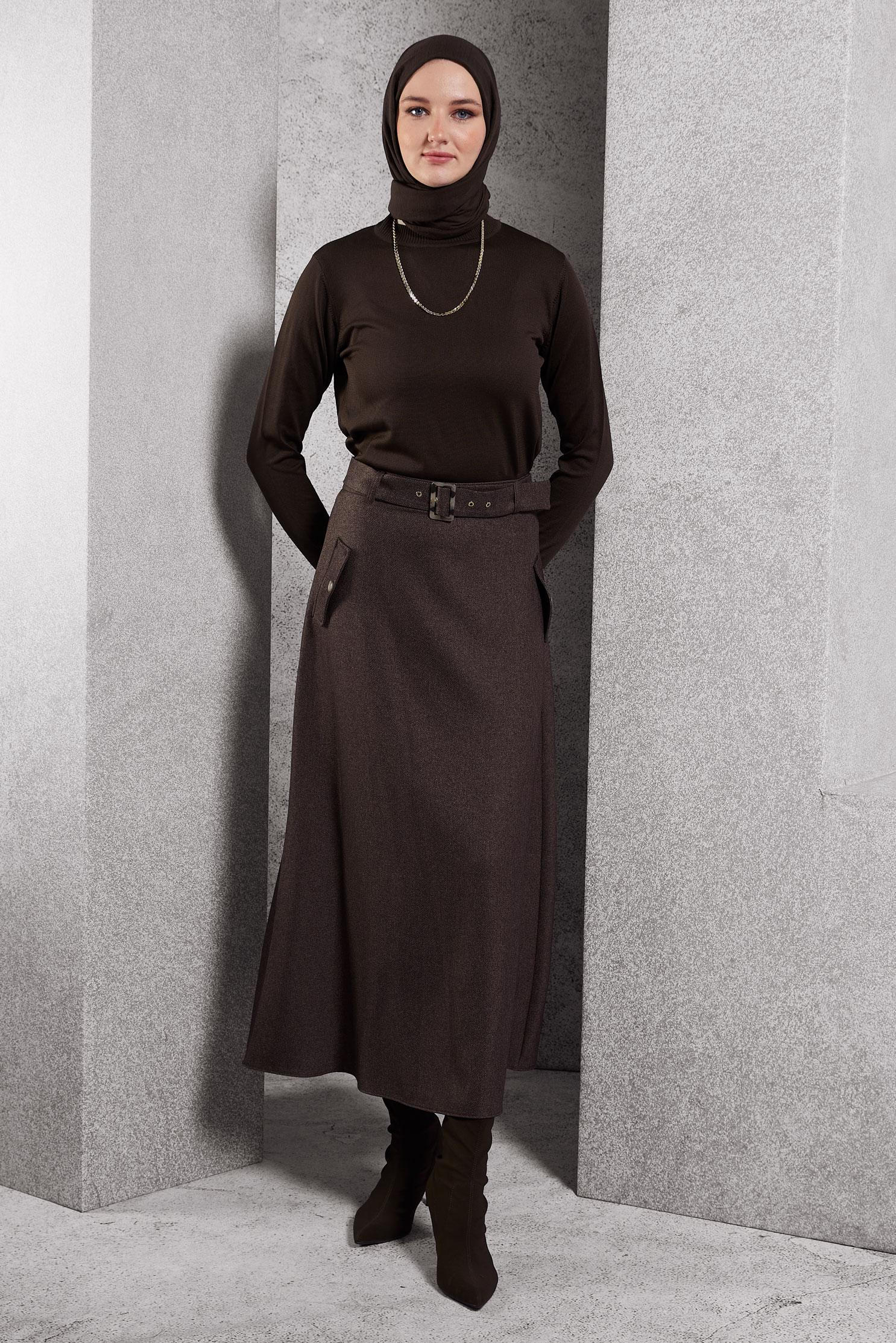 Tesettür giyim KAHVE KEMERLİ ETEK 60618