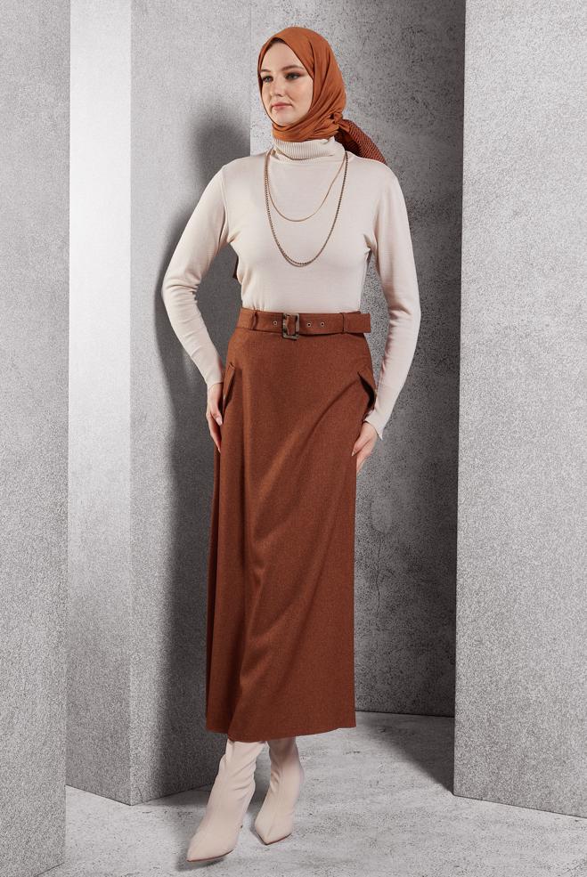 Tesettür giyim TURUNCU KEMERLİ ETEK 60618 - ALVİNA