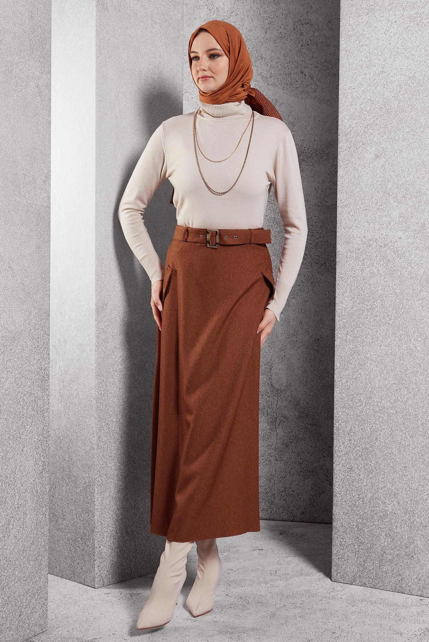 Tesettür giyim TURUNCU KEMERLİ ETEK 60618