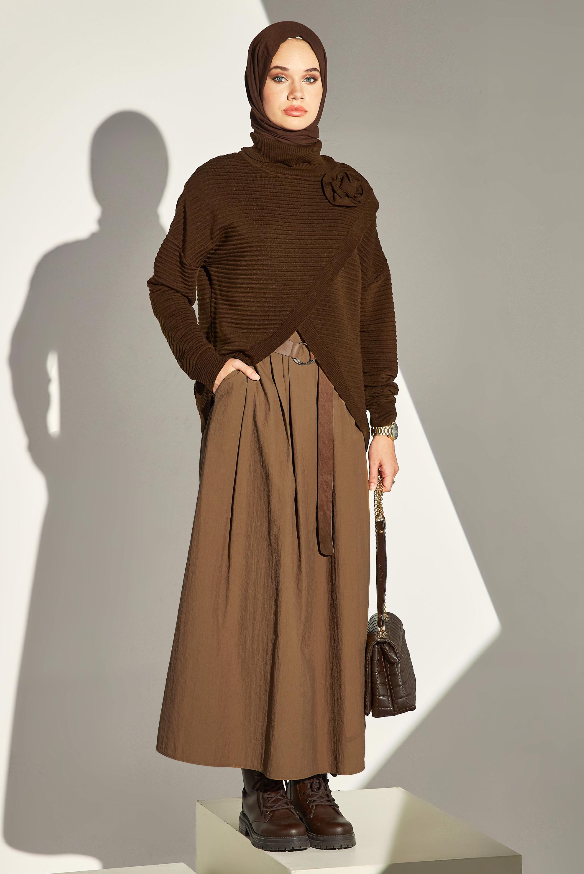 Tesettür giyim KAHVE KEMERLİ ETEK 60619