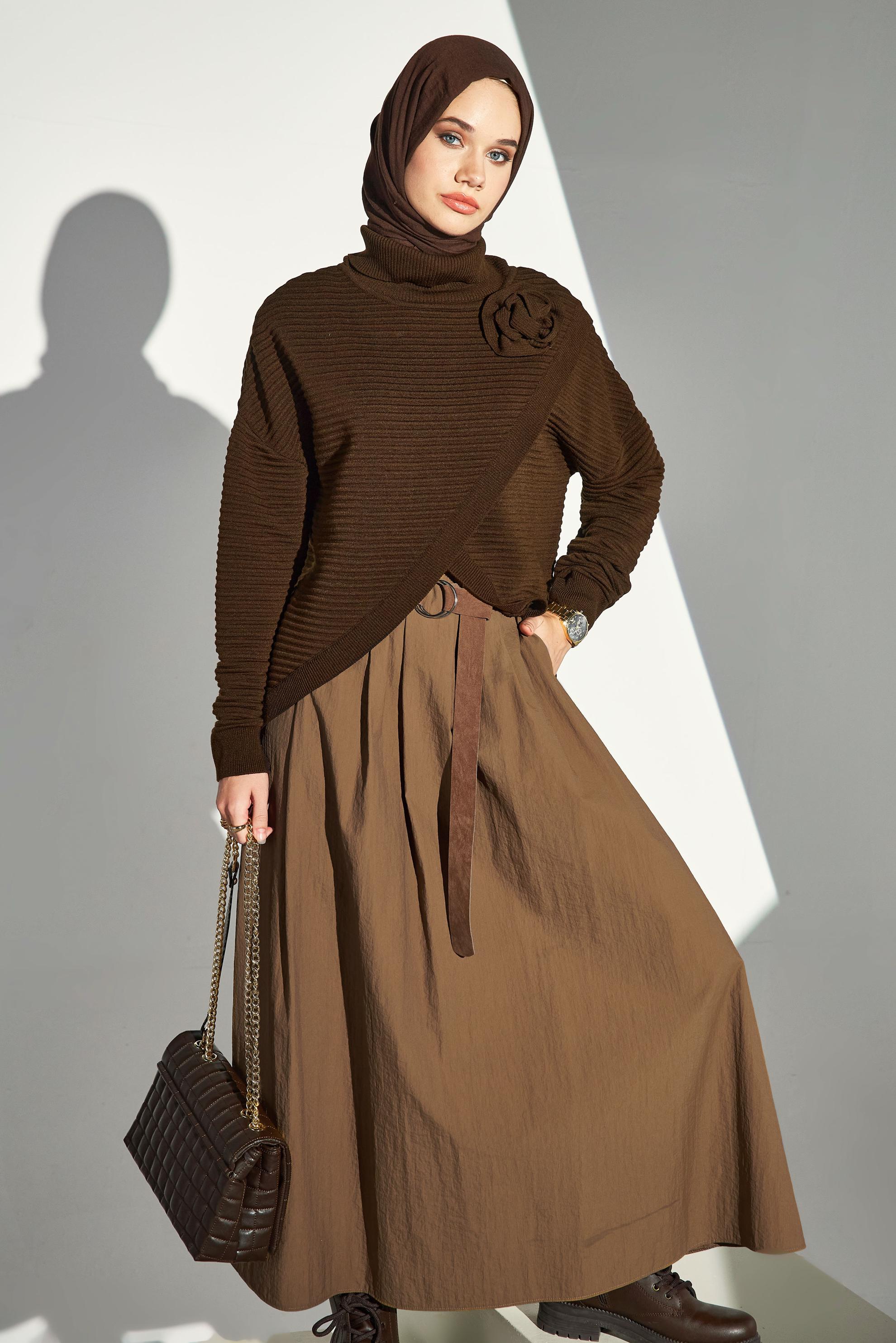 Tesettür giyim KAHVE KEMERLİ ETEK 60619
