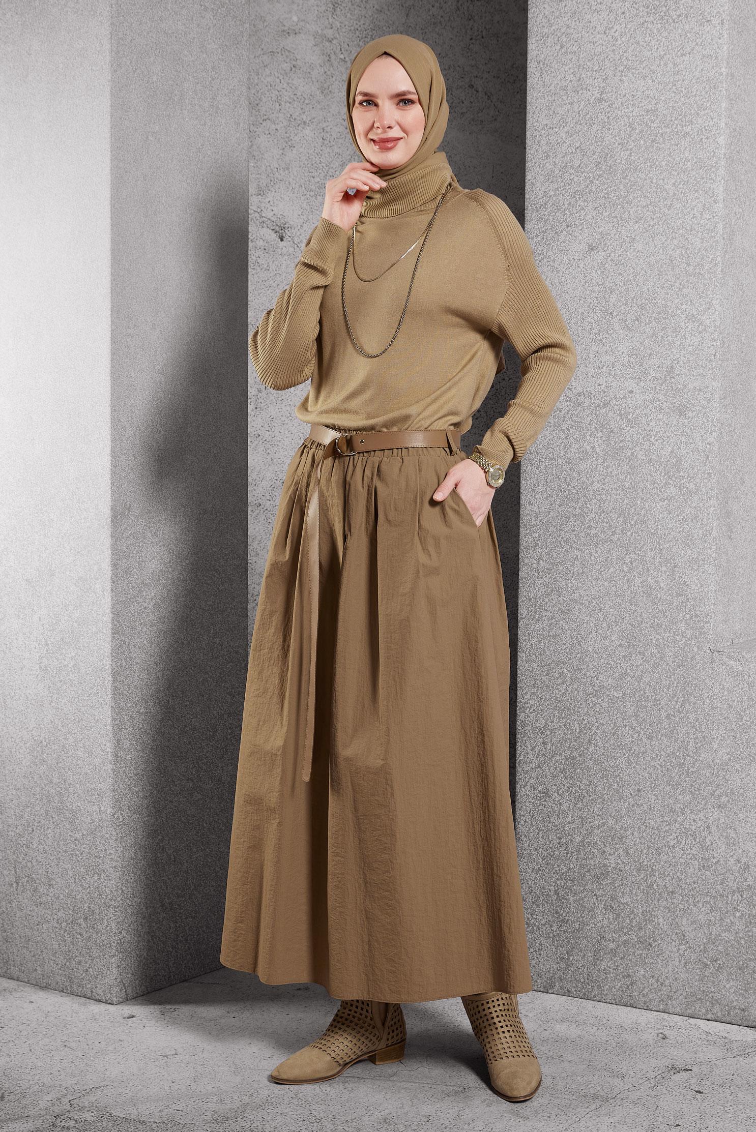 Tesettür giyim KAHVE KEMERLİ ETEK 60619