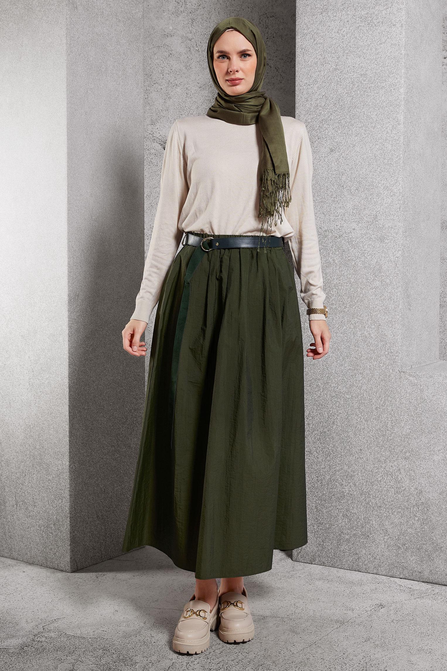 Tesettür giyim HAKİ KEMERLİ ETEK 60619