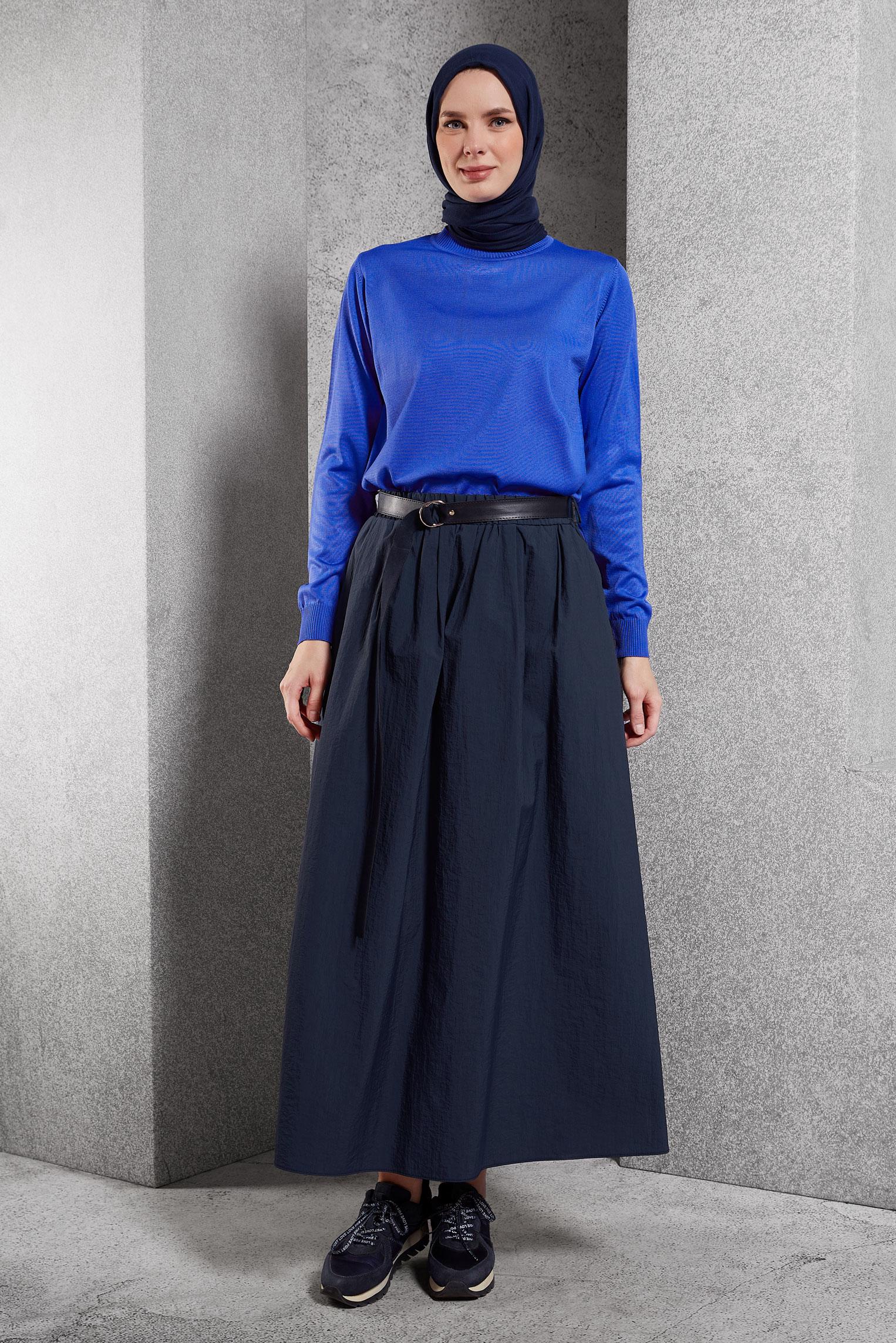 Tesettür giyim LACİVERT KEMERLİ ETEK 60619