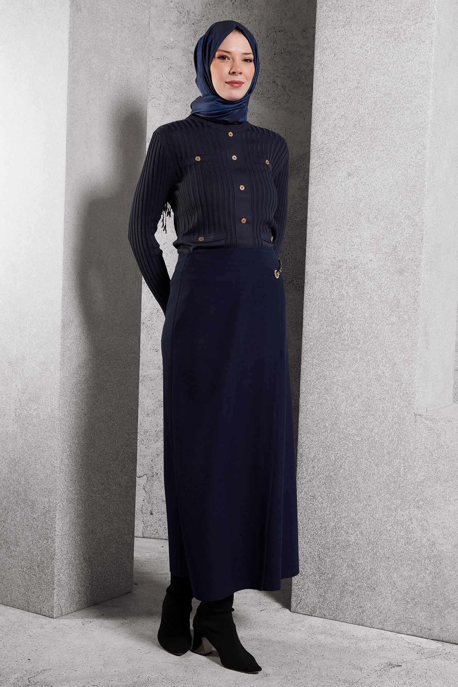 Tesettür giyim LACİVERT ZİNCİR DETAYLI ETEK 60620