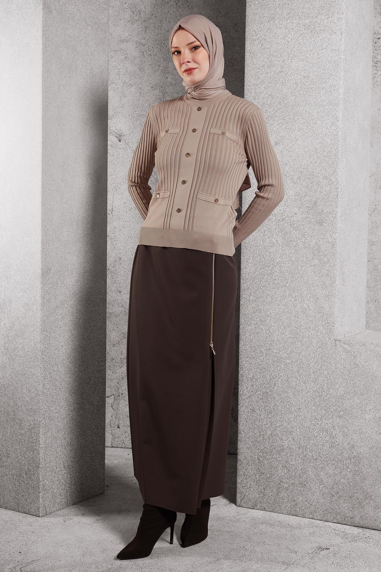 Tesettür giyim KAHVE FERMUAR DETAYLI ETEK 60621