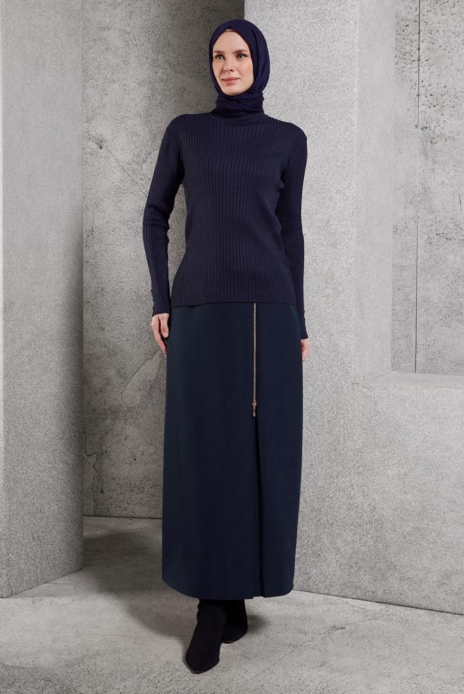 Vêtements hijab BLEU MARINE JUPE AVEC FERMETURE ÉCLAIR 60621 - ALVİNA
