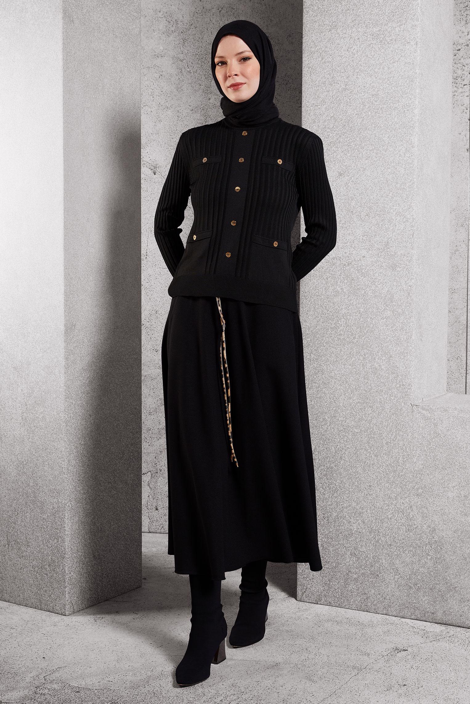 Tesettür giyim SİYAH KEMERLİ ETEK 60622